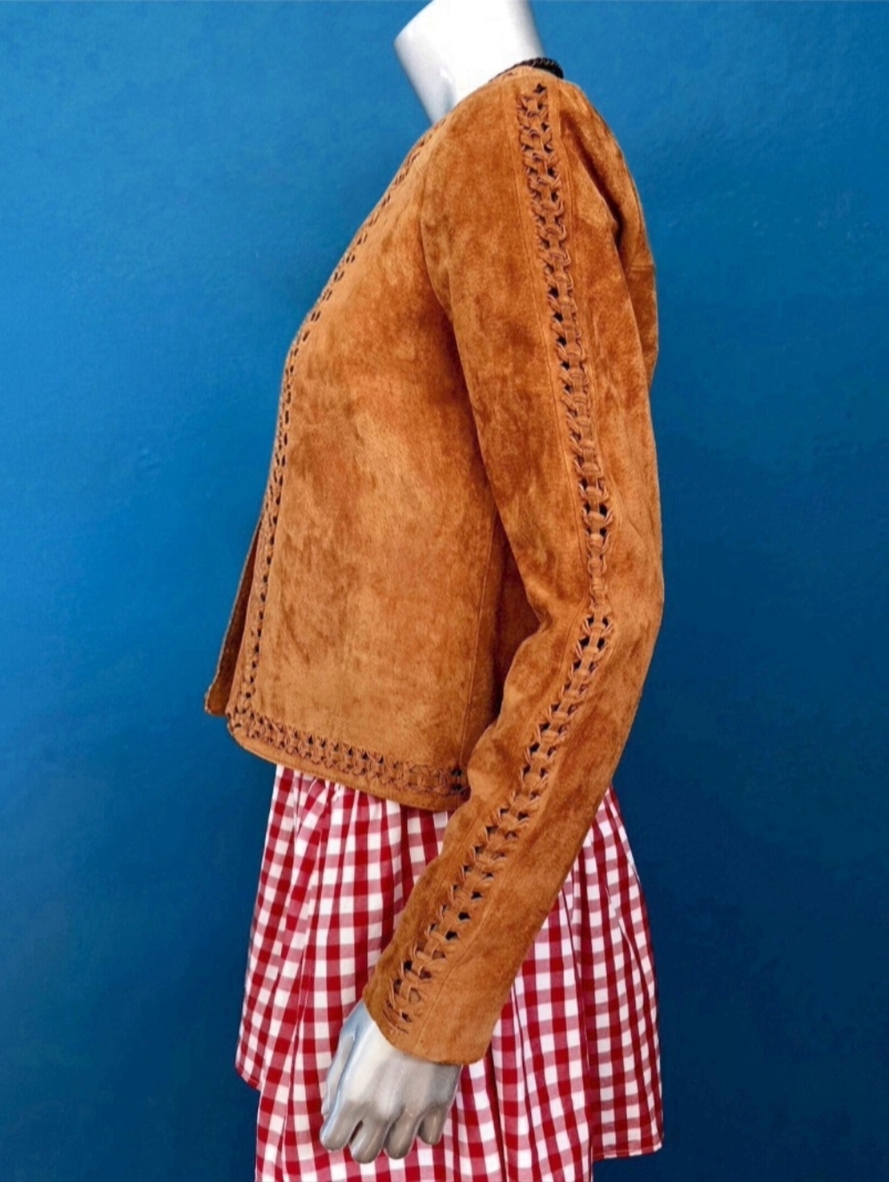 🆕️🤠🐎MANGO Genuine Leather Trena Suede Jacket Collarless w/ Suede Braiding NWT - Picture 13 of 16